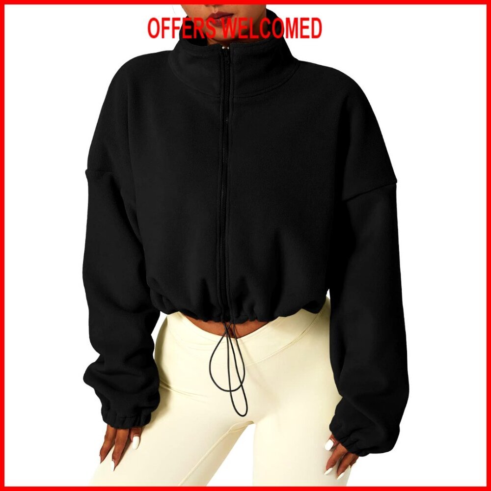 Full Zip Fleece Short Jacket Stand Collar Sherpa Crop Coat